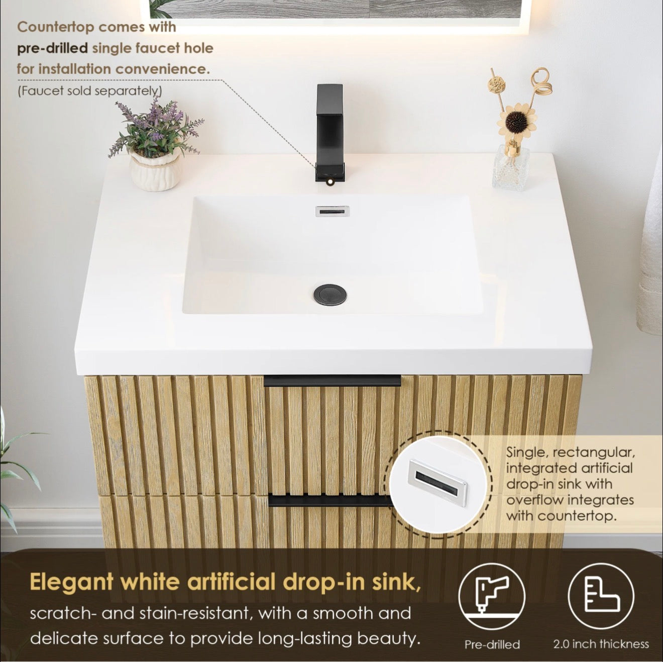 Altair Livia 30" Wall-mounted Single Bathroom Vanity in Nature Brown with White Artificial Drop-in Sink without Mirror