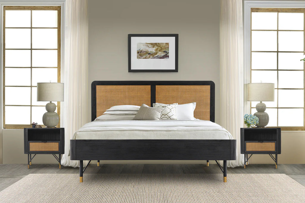 Armen Living Saratoga 3 Piece Bedroom Set in Black Acacia Wood and Rattan