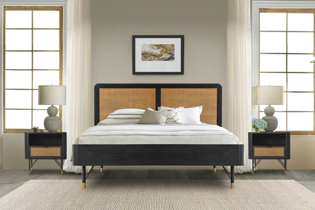 Armen Living Saratoga 3 Piece Bedroom Set in Black Acacia Wood and Rattan