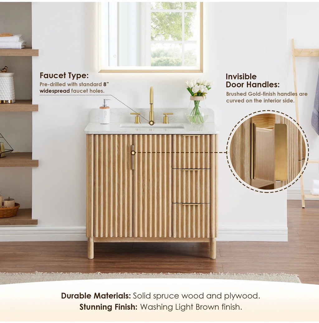 Altair Sierra 36" Single Bathroom Vanity in Washed Light Brown with Grain White Engineered Stone Countertop without Mirror