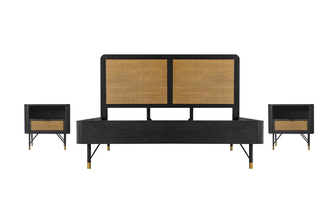 Armen Living Saratoga 3 Piece Bedroom Set in Black Acacia Wood and Rattan