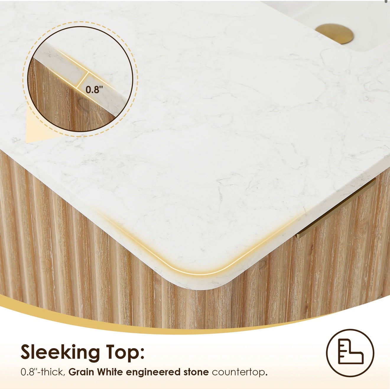 Altair Sierra 36" Single Bathroom Vanity in Washed Light Brown with Grain White Engineered Stone Countertop without Mirror