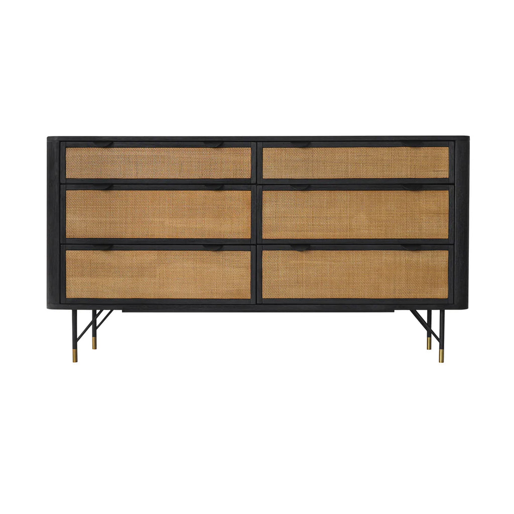 Armen Living  Saratoga 4 Piece Bedroom Set in Black Acacia Wood and Rattan