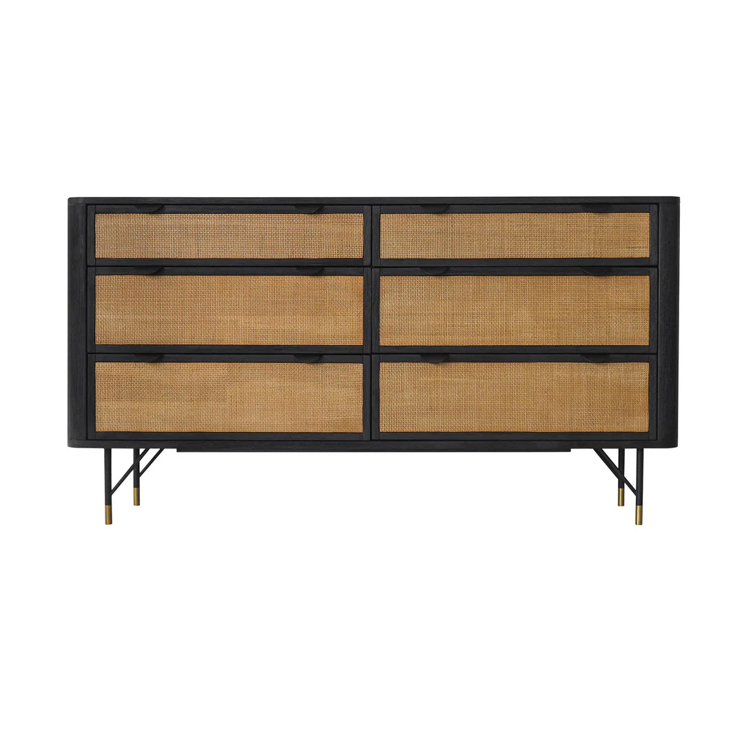 Armen Living  Saratoga 4 Piece Bedroom Set in Black Acacia Wood and Rattan