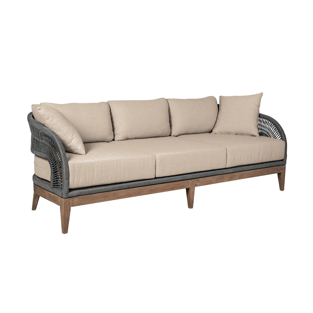 Armen Living Orbit Outdoor Patio Sofa in Weathered Eucalyptus Wood with Gray Rope and Taupe Olefin Cushions