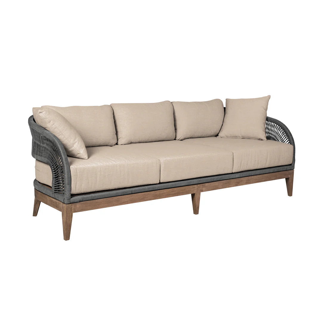 Armen Living Orbit Outdoor Patio Sofa in Weathered Eucalyptus Wood with Gray Rope and Taupe Olefin Cushions