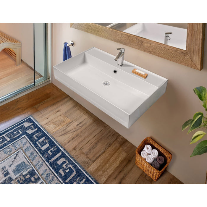 Whitehaus 32" Rectangular Wall Mount Basin with Single Faucet Drilling and Overflow
