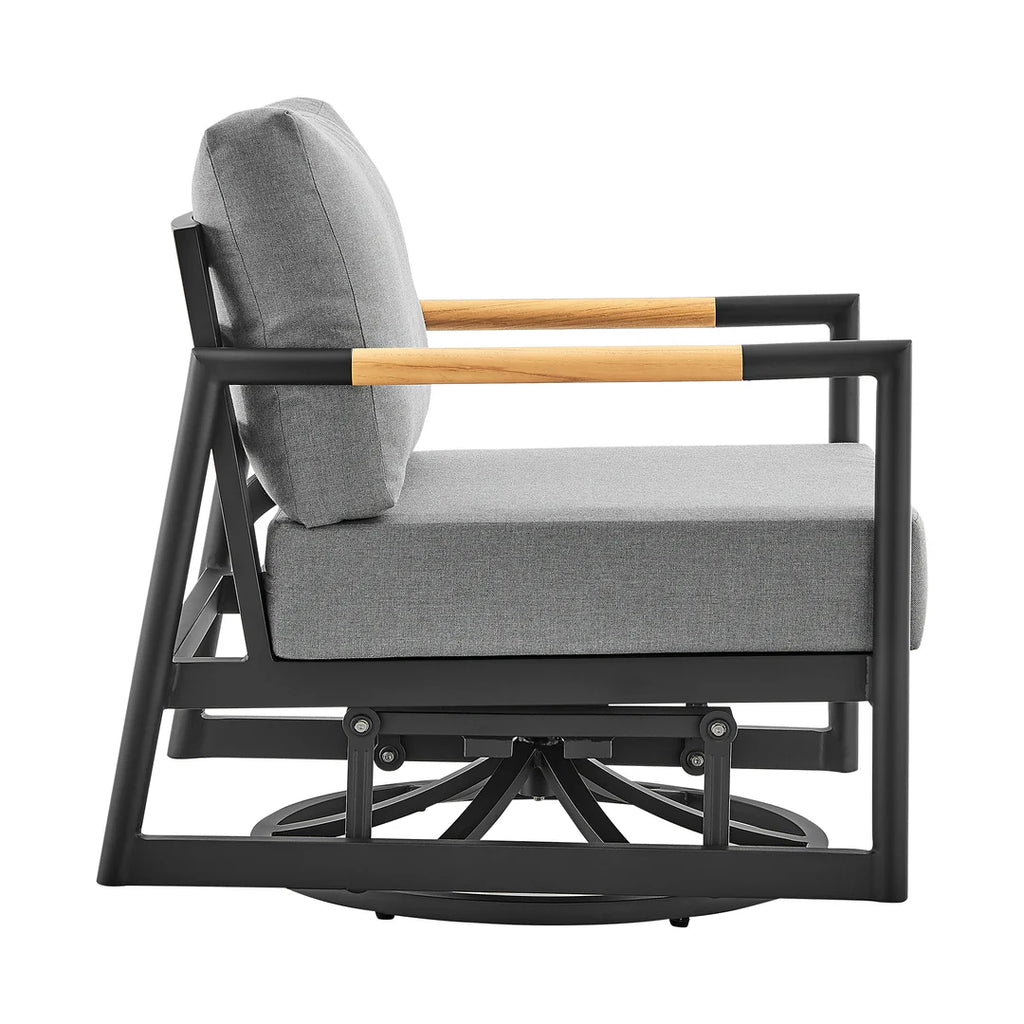 Armen Living Crown Outdoor Patio Swivel Glider Lounge Chair in Black Aluminum and Teak Wood with Cushions