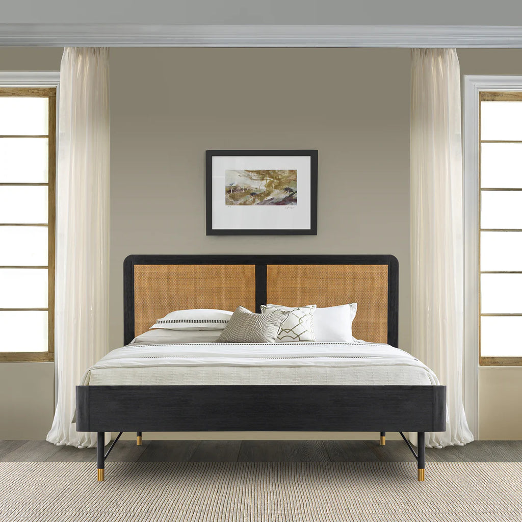 Armen Living Saratoga Platform Frame Bed in Black Acacia with Rattan Headboard