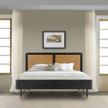 Armen Living Saratoga Platform Frame Bed in Black Acacia with Rattan Headboard