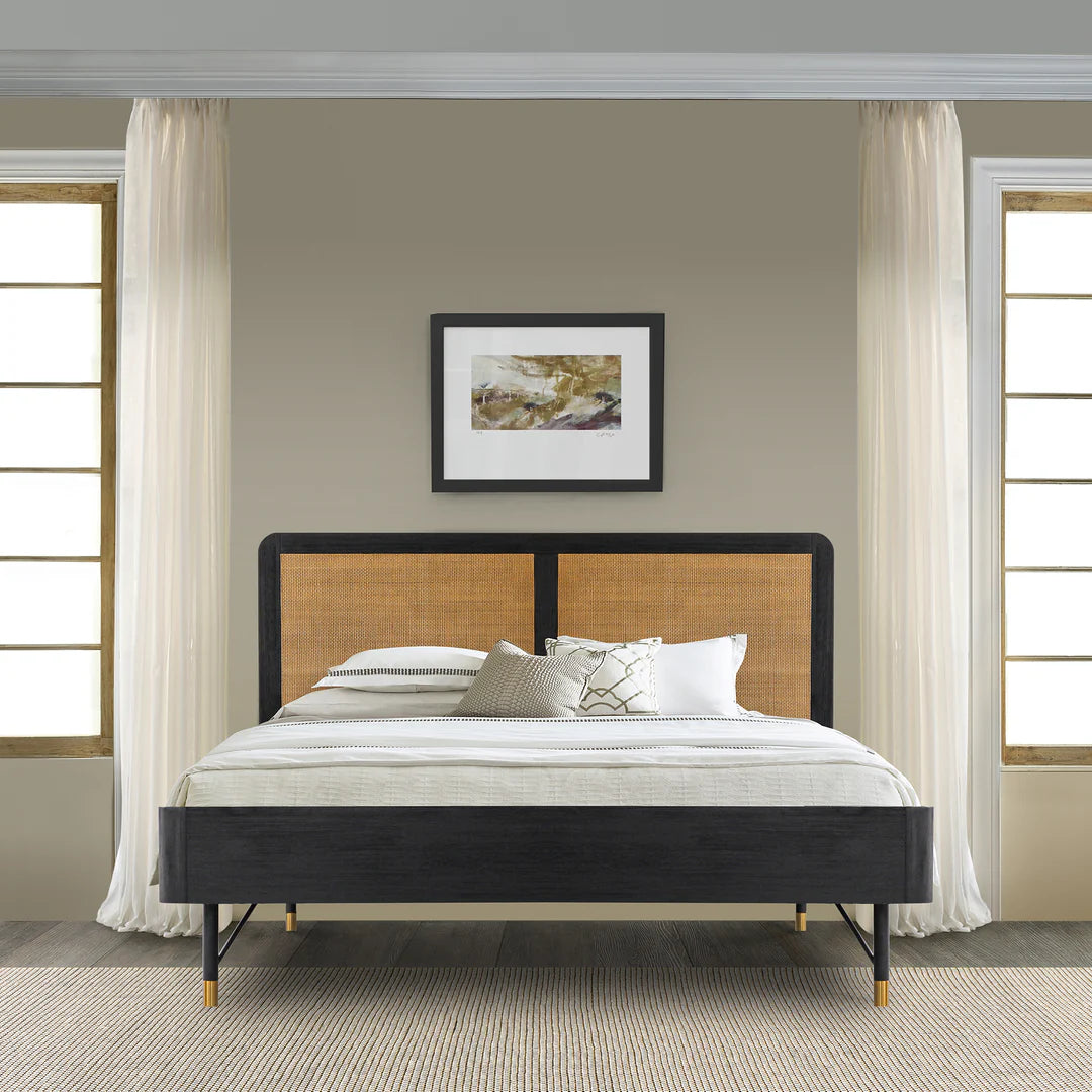 Armen Living Saratoga Platform Frame Bed in Black Acacia with Rattan Headboard