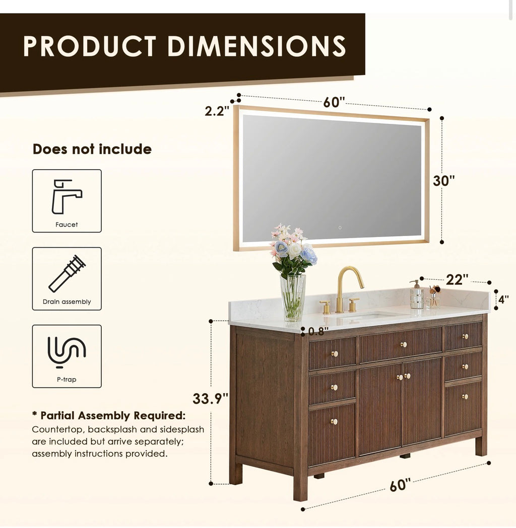 Altair Cerrito 60" Single Bathroom Vanity with Grain White Engineered Stone Countertop without Mirror