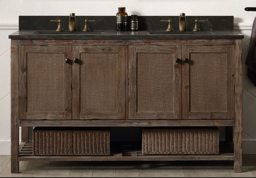 Legion Furniture Solid Wood Bathroom Vanity with Natural Moon Stone Top – Brown Rustic (36", 48", 60")