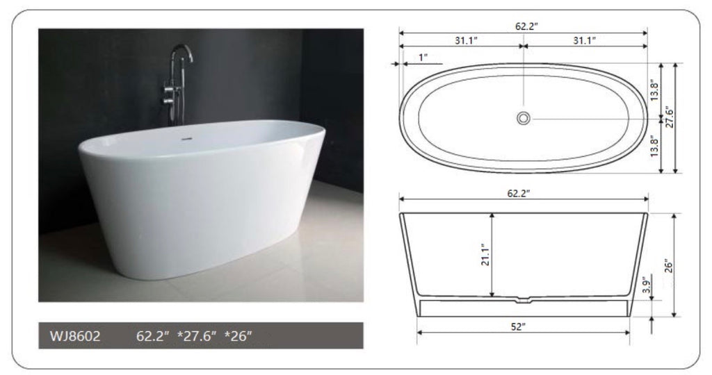 Legion Furniture 62.2" Matte White Solid Surface Tub - NO Faucet