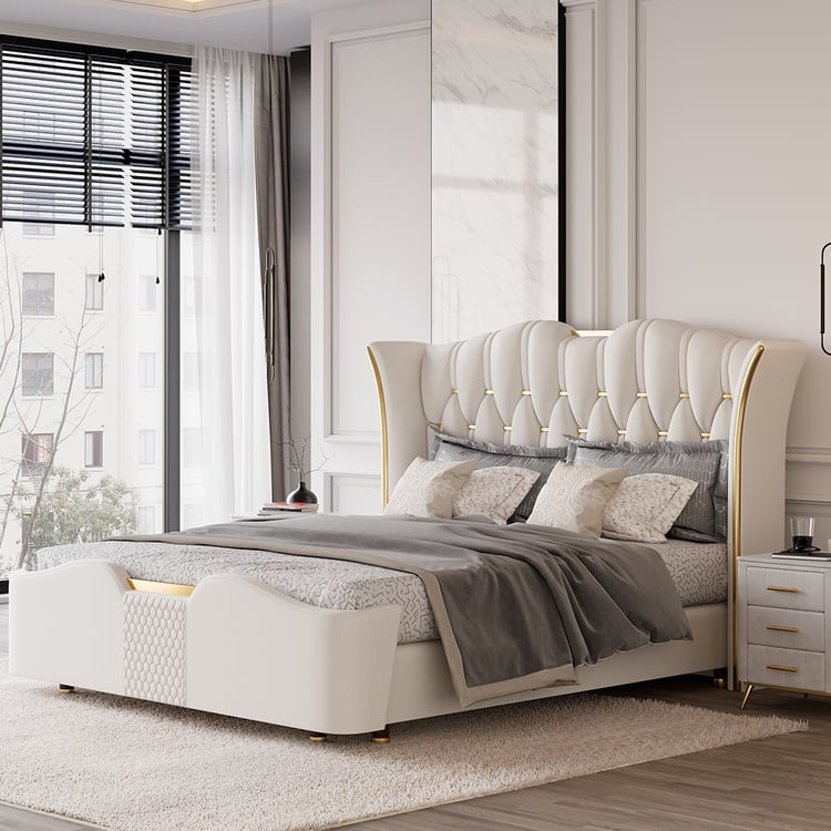 King Size Upholstered Bed Frame with Tufted Wingback Headboard