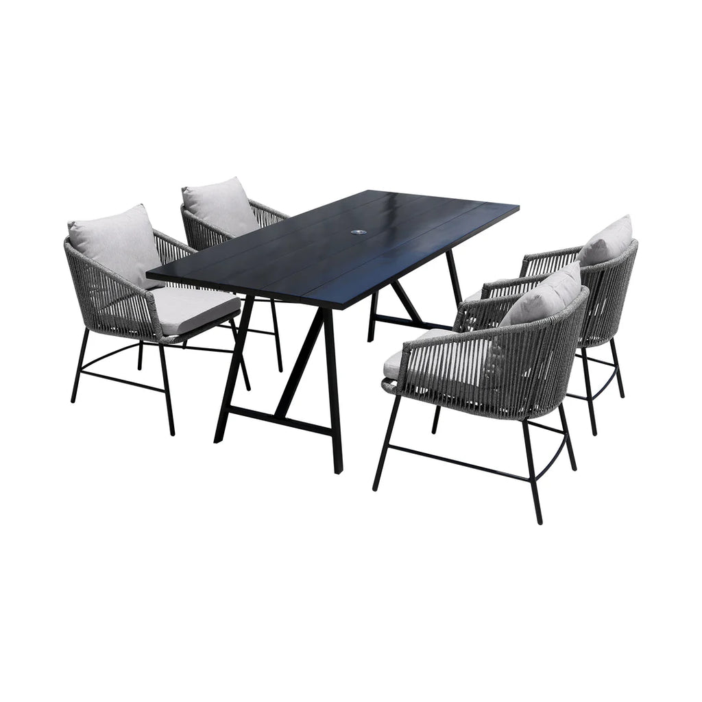 Armen Living Frinton and Ditas 5 Piece Dining Set in Dark Eucalyptus and Metal with Gray Rope
