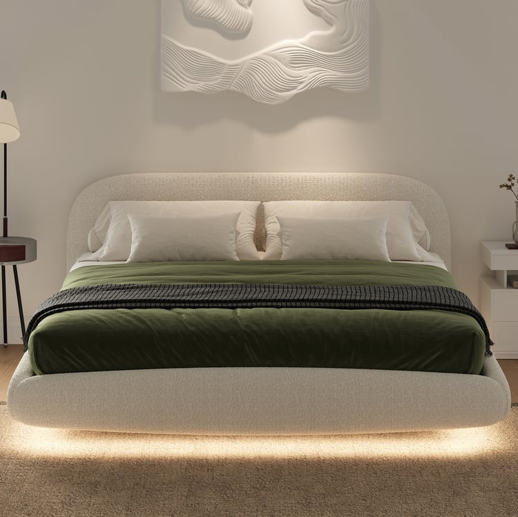 King Size Bouclé Upholstered Floating Bed Frame with Motion Sensor LED Lights