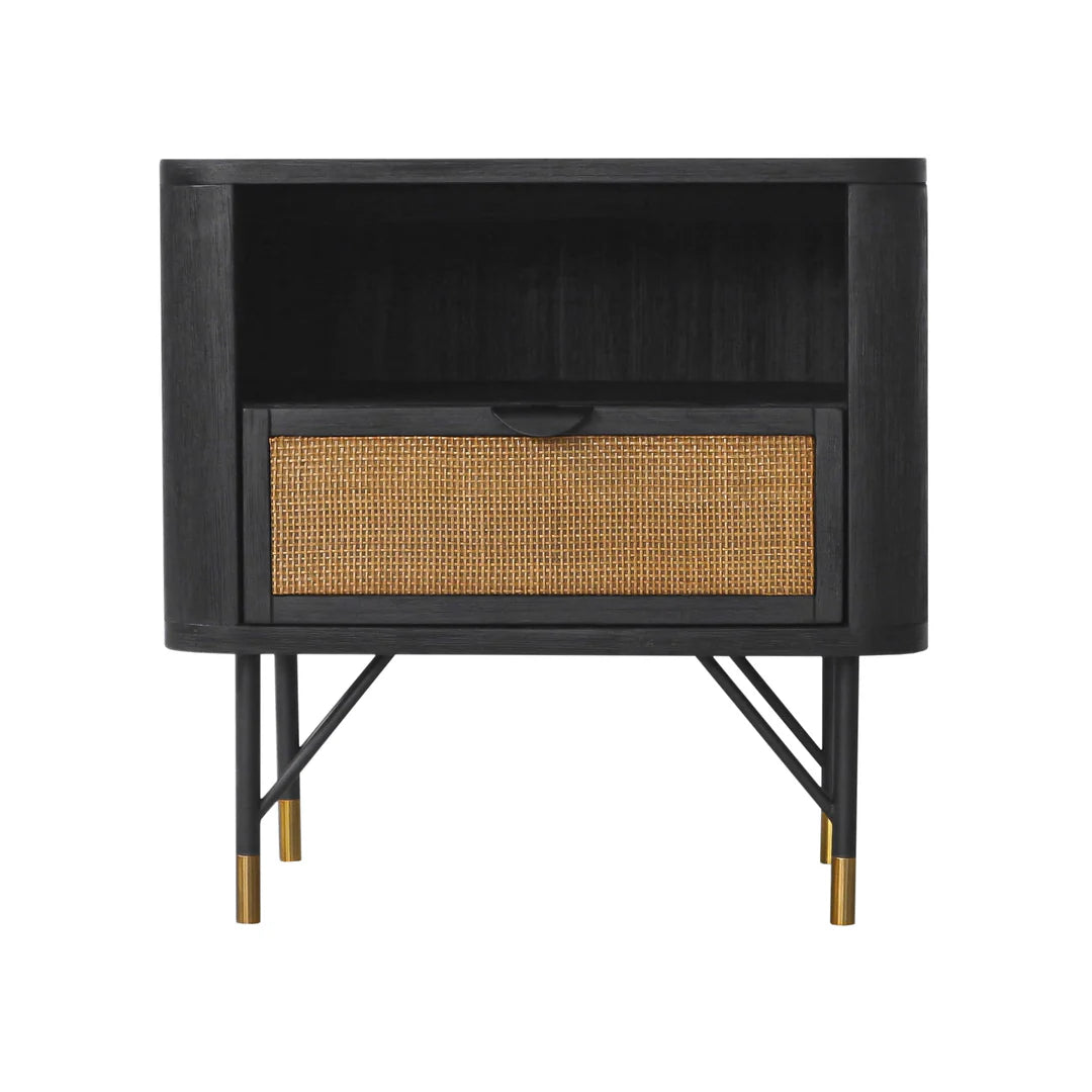 Armen Living Saratoga 3 Piece Bedroom Set in Black Acacia Wood and Rattan