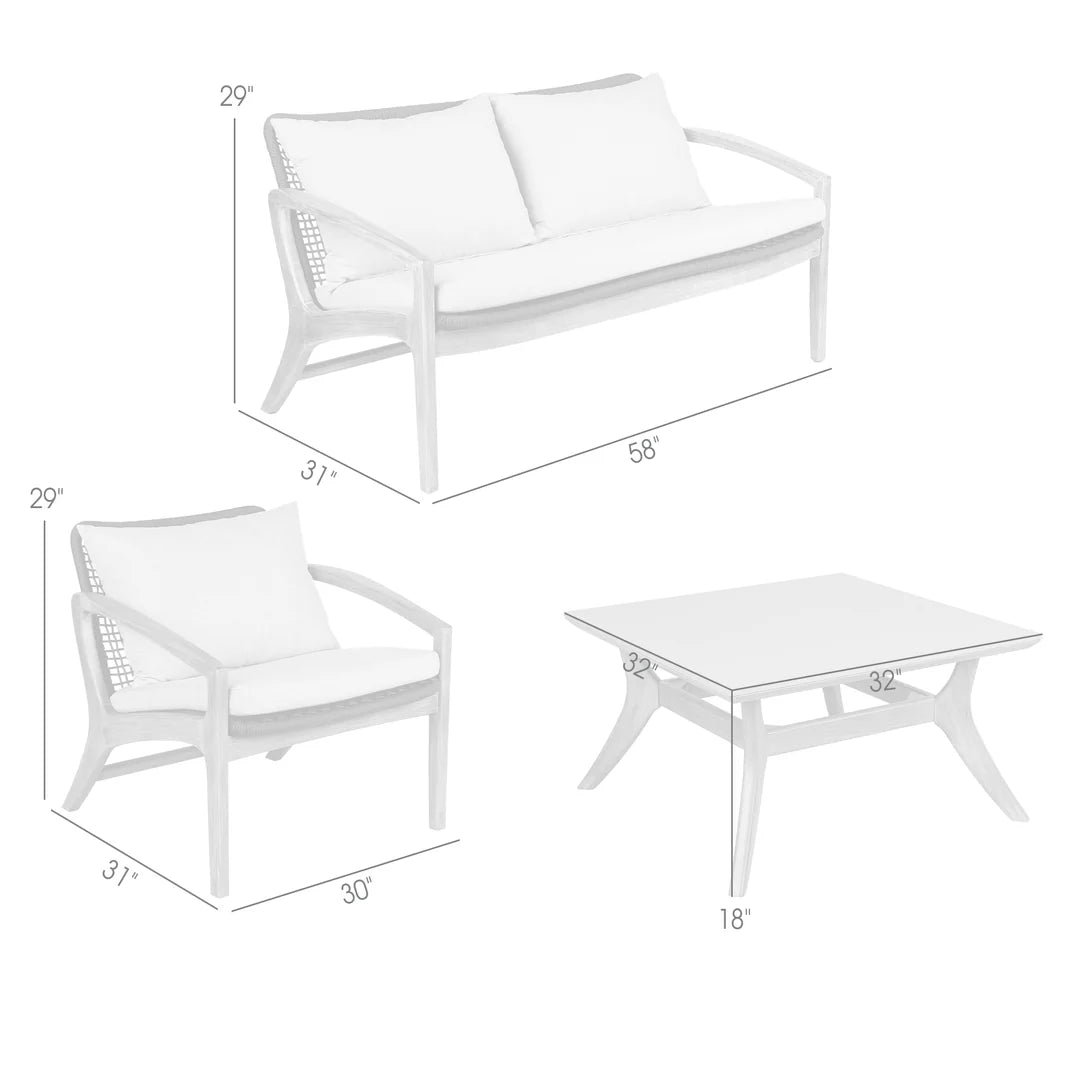 Armen Living Beckham 4 Piece Outdoor Patio Seating Set in Dark Eucalyptus Wood with Gray Rope and White Cushions