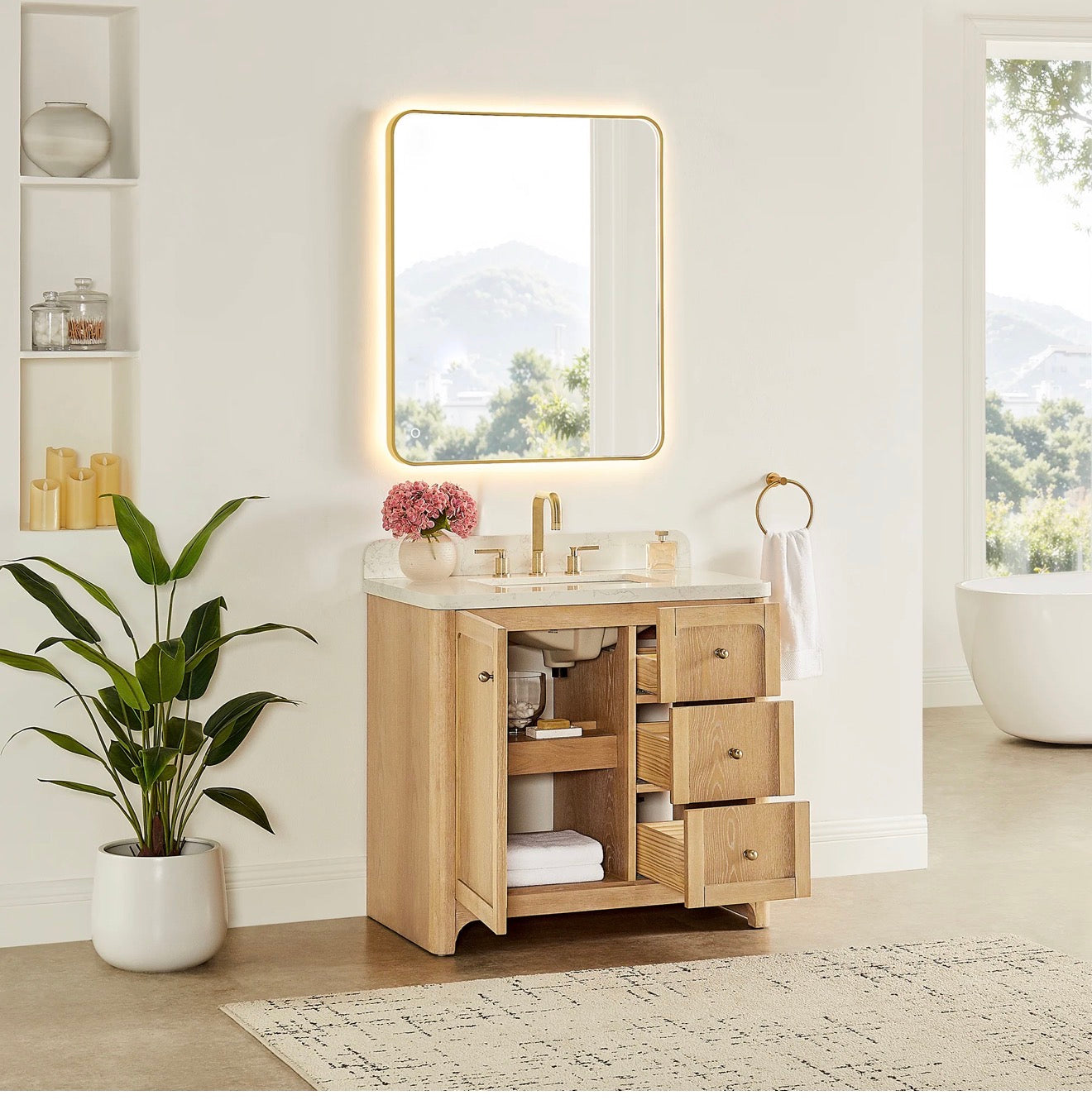 Altair Milner Bathroom Vanity in Brushed Oak with Grain White Engineered Stone Countertop without Mirror