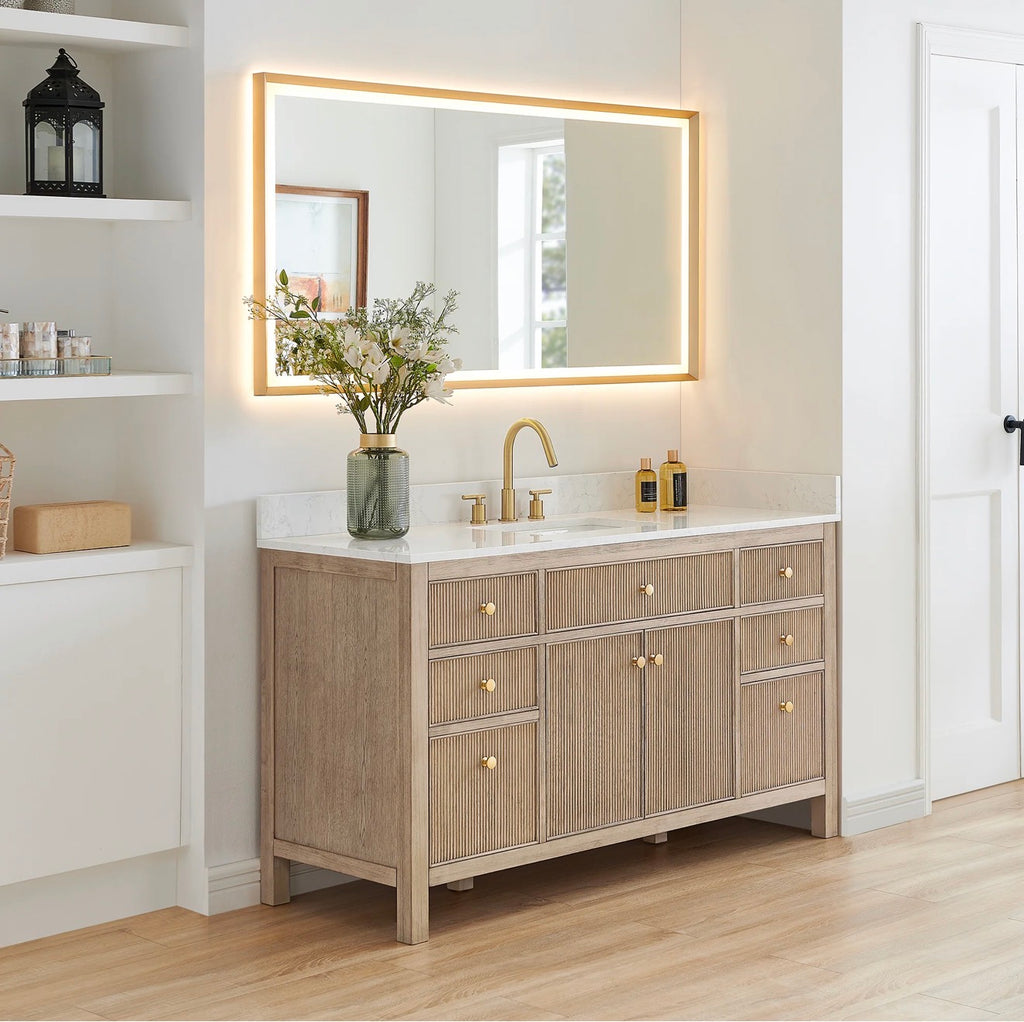 Altair Cerrito 60" Single Bathroom Vanity with Grain White Engineered Stone Countertop without Mirror