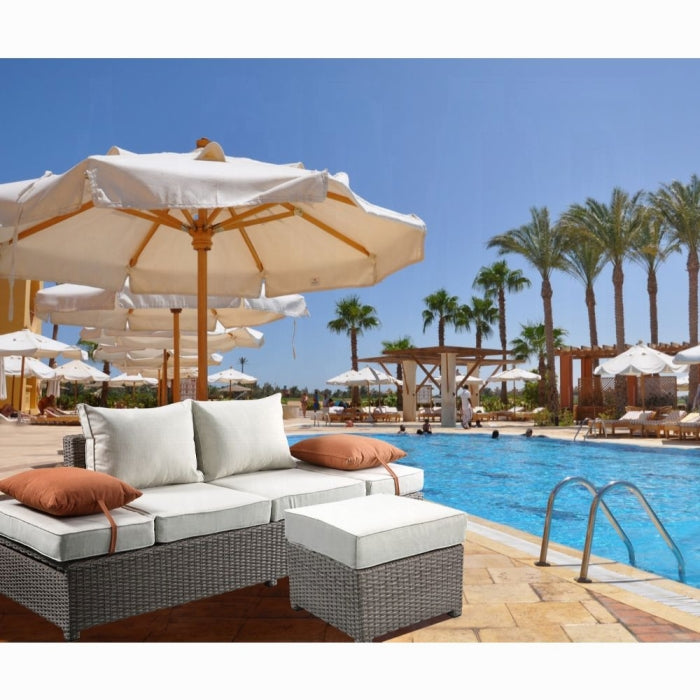 ACME Beige Fabric & Gray Wicker Salena Patio Sofa W/2 Pillows & Ottoman