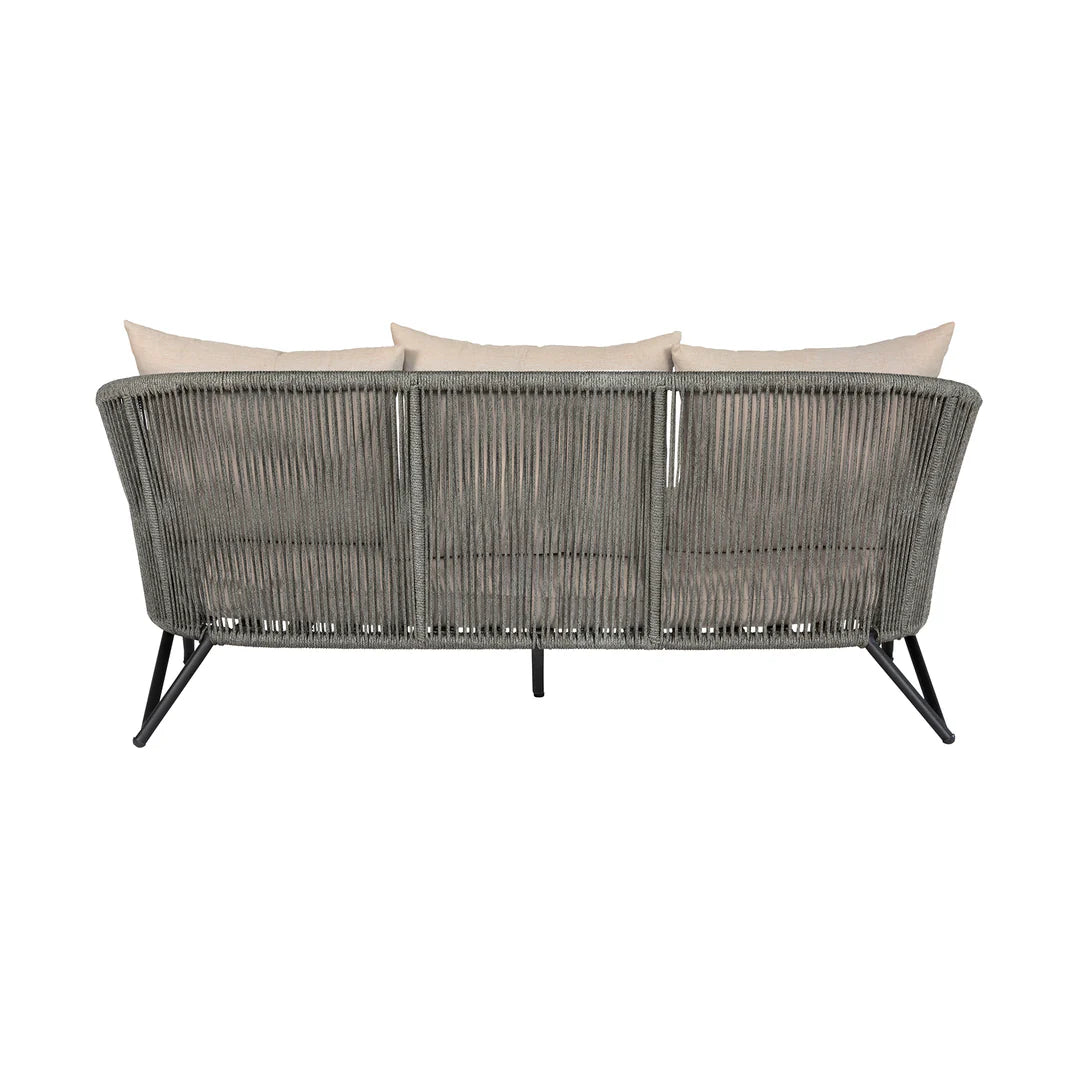 Armen Living  Benicia Outdoor Patio Sofa in Black Steel with Gray Rope and Taupe Olefin Cushions