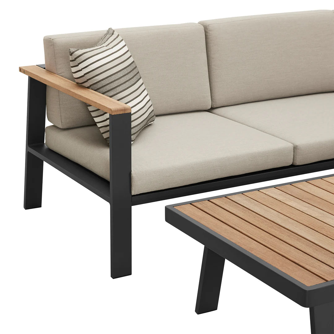 Armen Living Nofi Outdoor Patio Sectional Set in Charcoal Finish with Taupe Cushions and Teak Wood