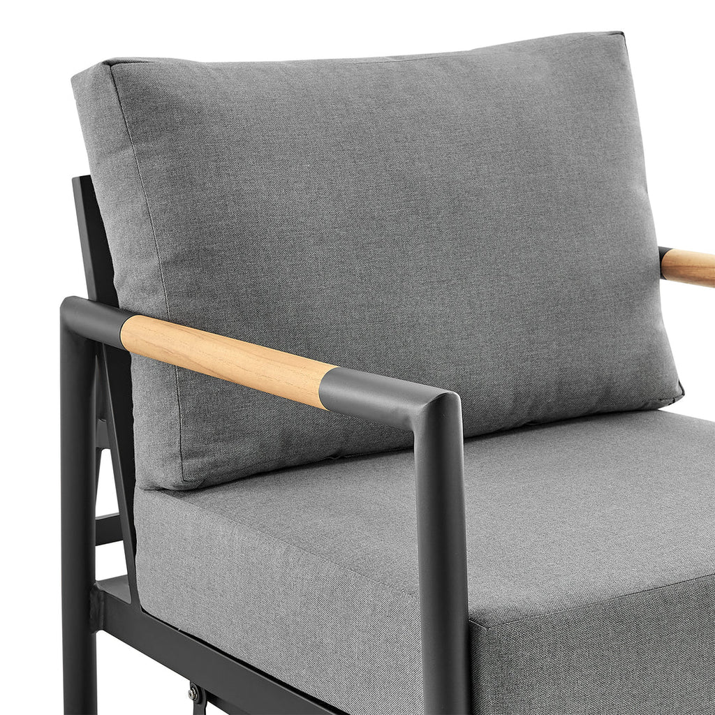 Armen Living Crown Outdoor Patio Swivel Glider Lounge Chair in Black Aluminum and Teak Wood with Cushions