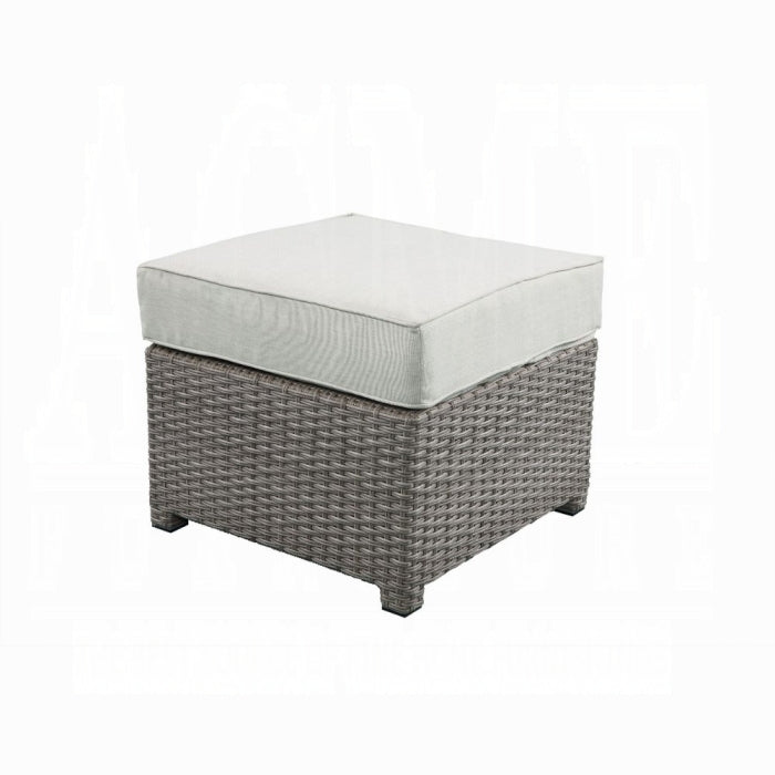 ACME Beige Fabric & Gray Wicker Salena Patio Sofa W/2 Pillows & Ottoman