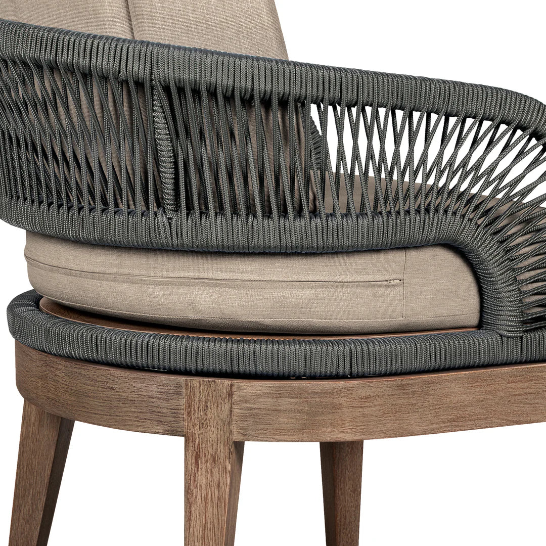Armen Living Orbit Outdoor Patio 5 Piece Dining Set in Weathered Eucalyptus Wood with Gray Rope and Taupe Olefin Cushions