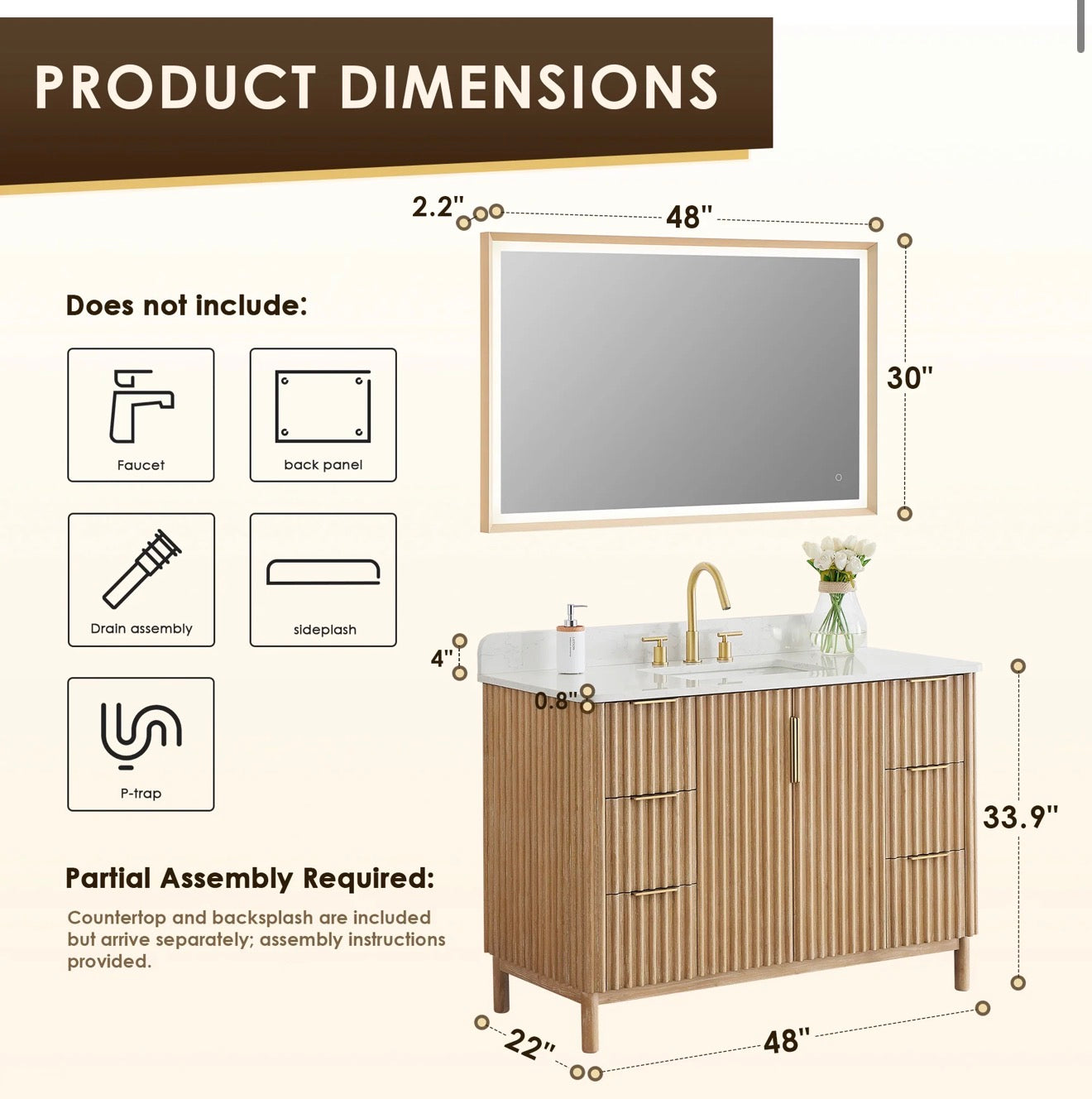 Altair Sierra 48" Single Bathroom Vanity in Washed Light Brown with Grain White Engineered Stone Countertop
