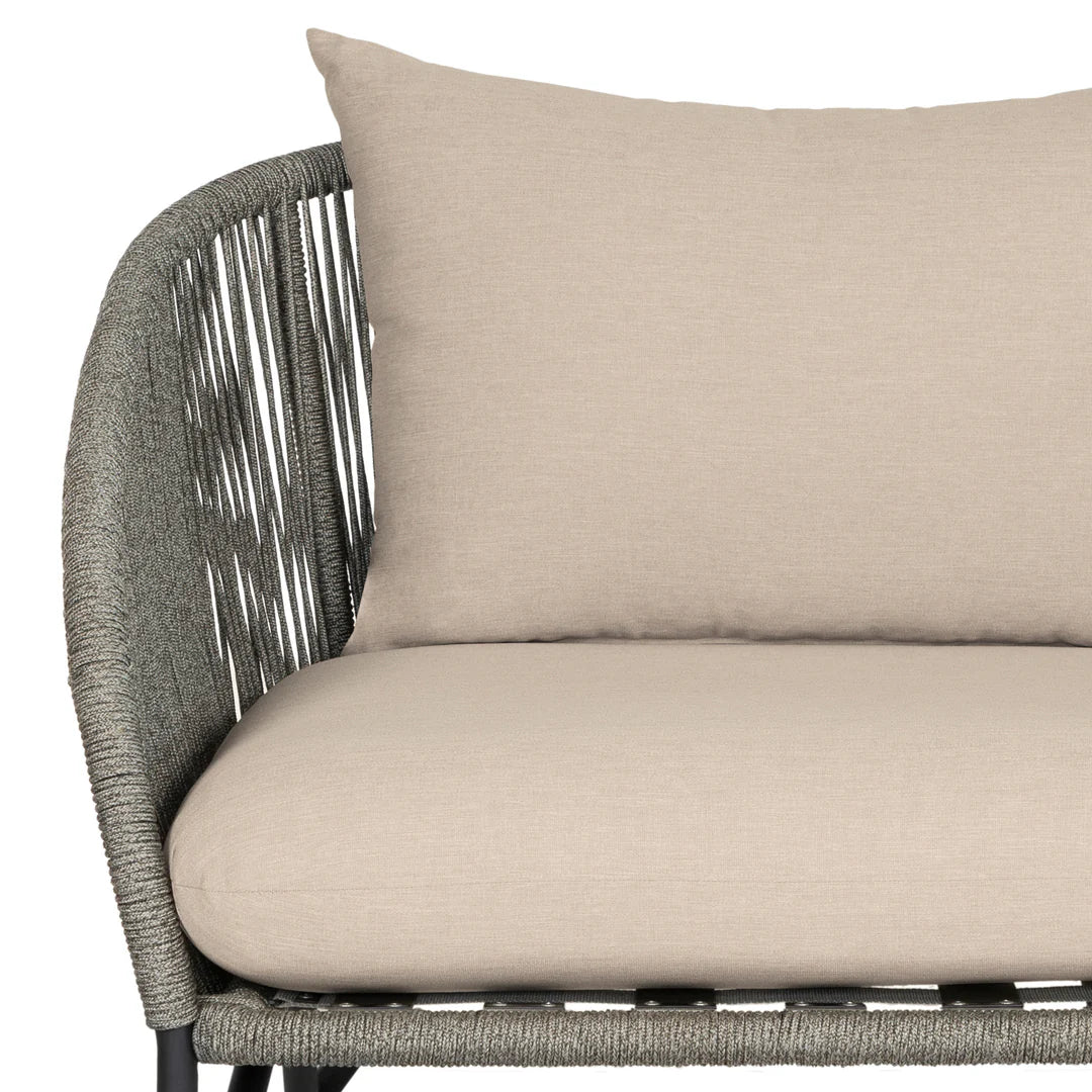 Armen Living  Benicia Outdoor Patio Sofa in Black Steel with Gray Rope and Taupe Olefin Cushions