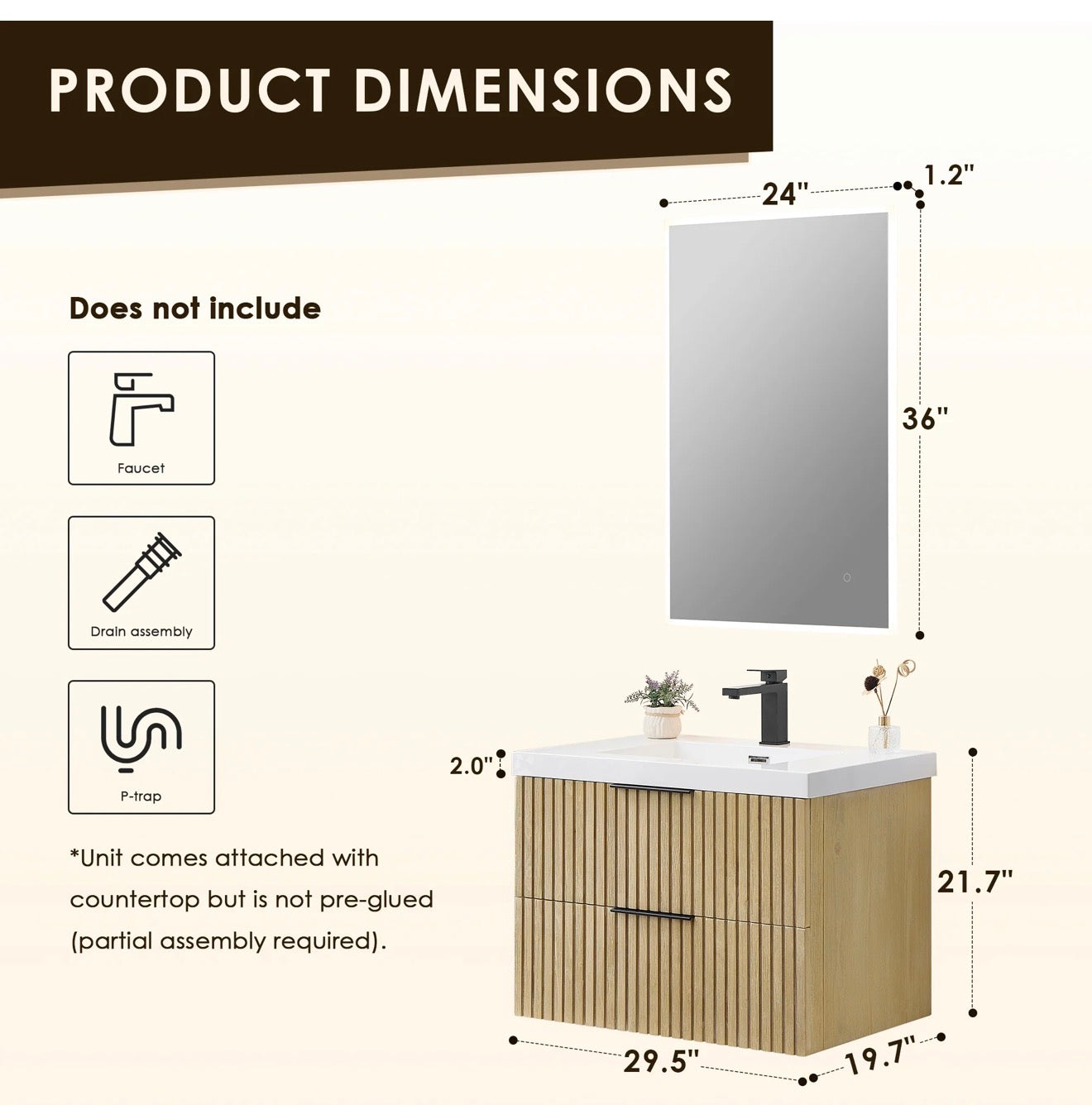 Altair Livia 30" Wall-mounted Single Bathroom Vanity in Nature Brown with White Artificial Drop-in Sink without Mirror