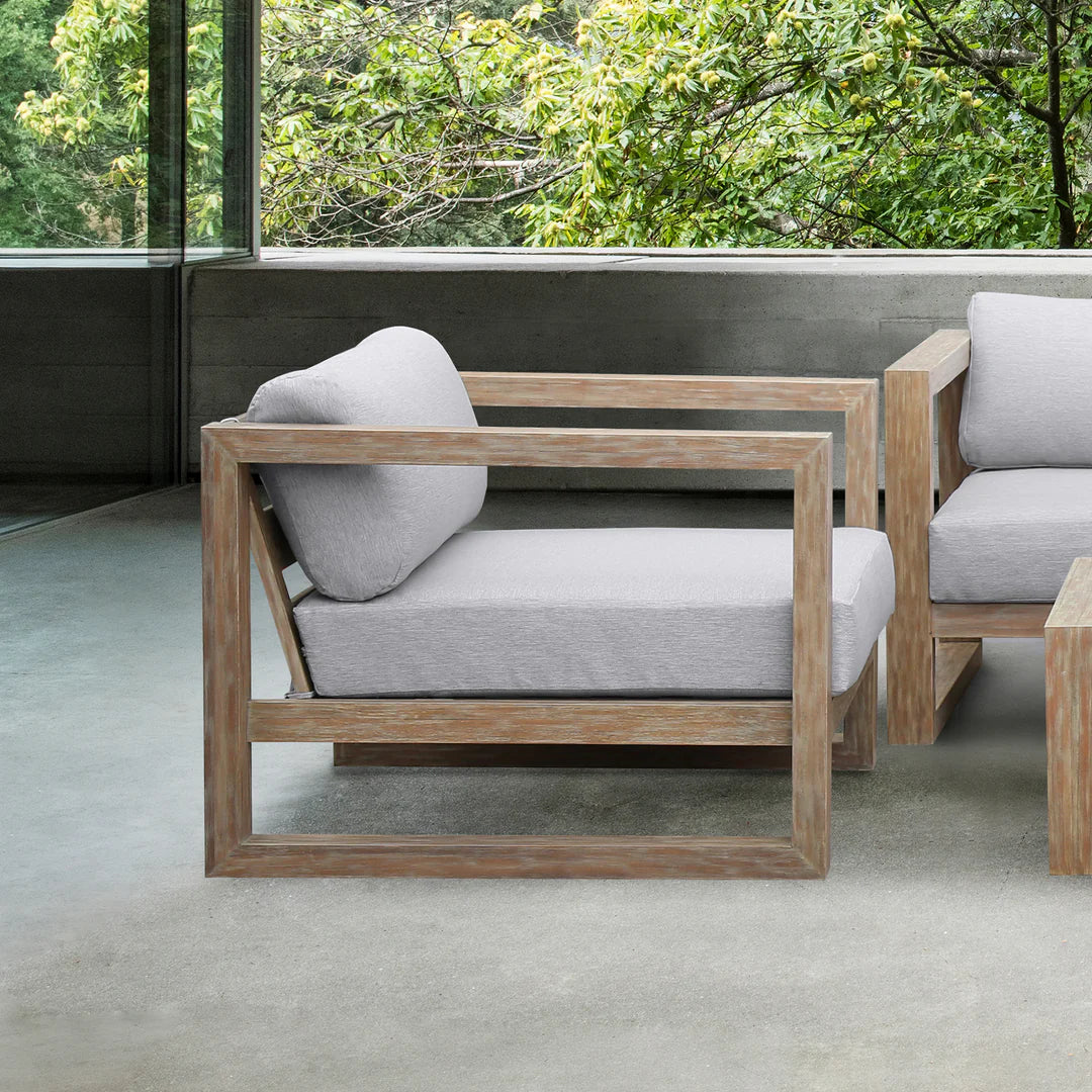 Armen Living Paradise Outdoor Light Eucalyptus Wood Lounge Chair with Gray Cushions