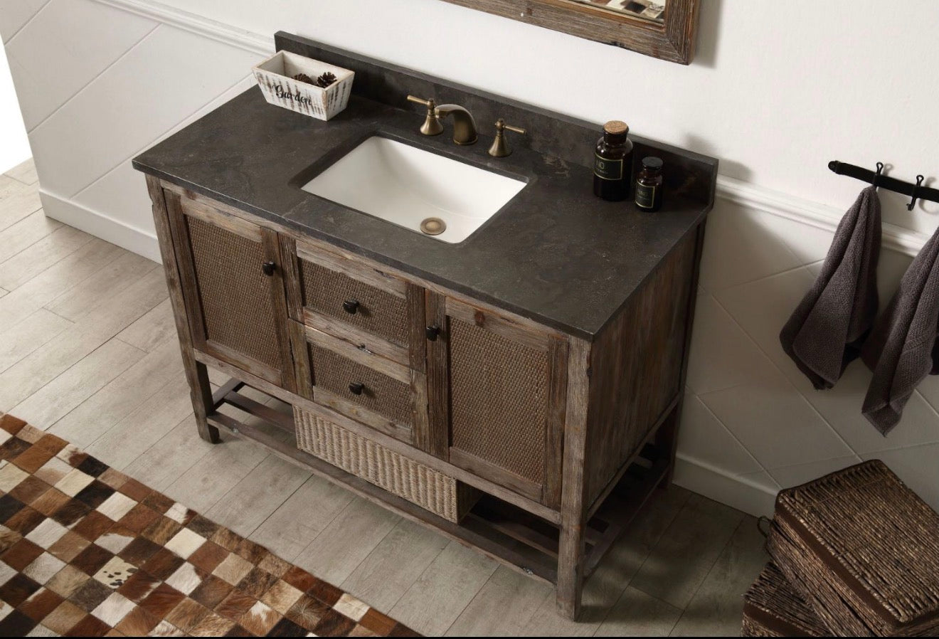 Legion Furniture Solid Wood Bathroom Vanity with Natural Moon Stone Top – Brown Rustic (36", 48", 60")