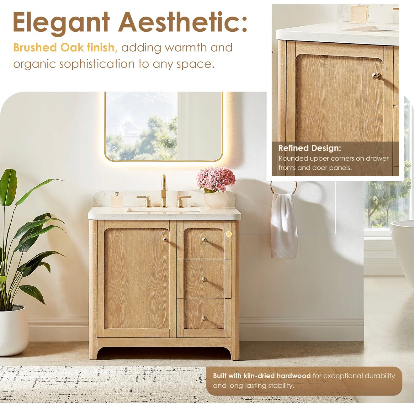 Altair Milner Bathroom Vanity in Brushed Oak with Grain White Engineered Stone Countertop without Mirror