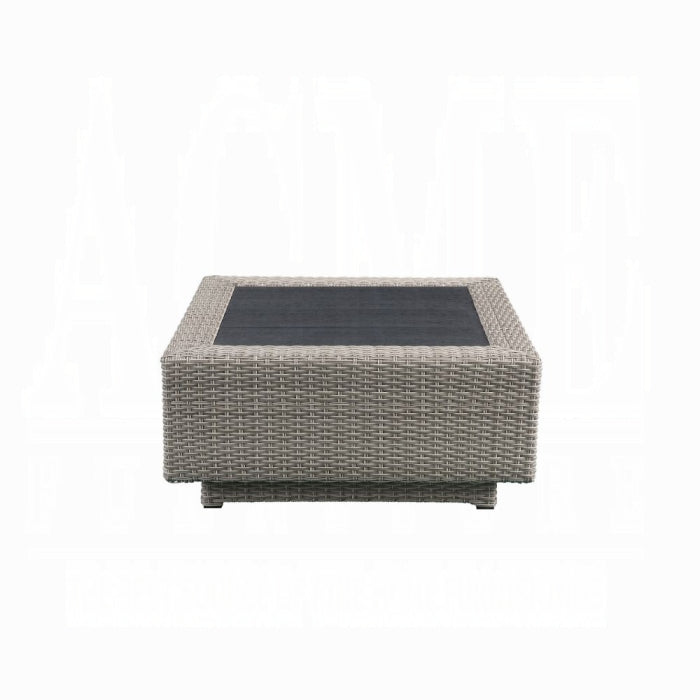 ACME Beige Fabric & Gray Wicker Salena Patio Sectional Sofa W/4 Pillows & Coffee Table