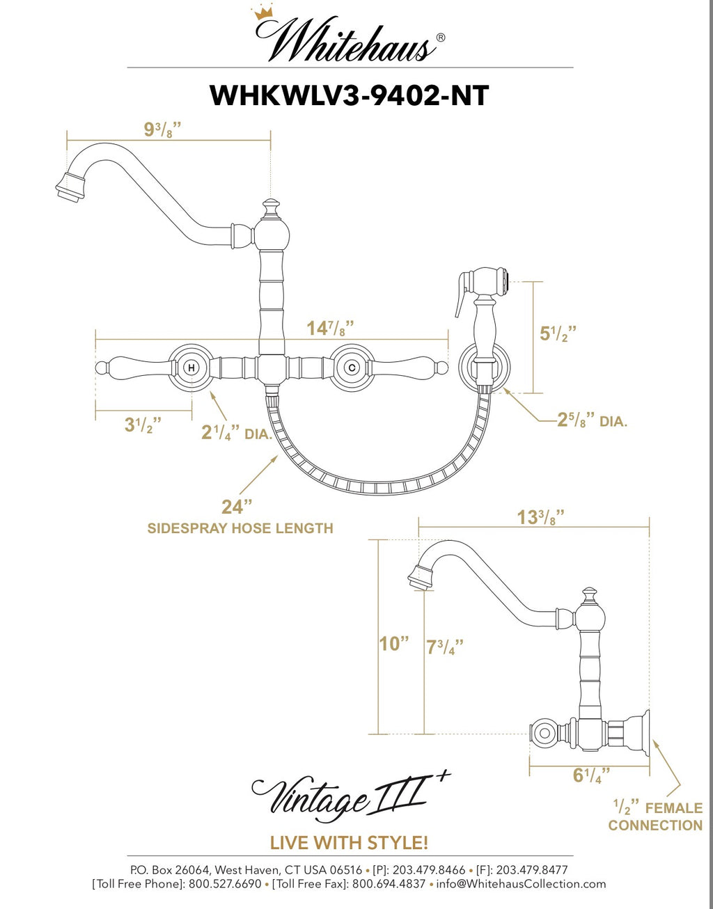Whitehaus Polished chrome  Vintage III Plus Wall Mount Faucet with a  Long Traditional Swivel Spout W/ Solid Brass Side Spray
