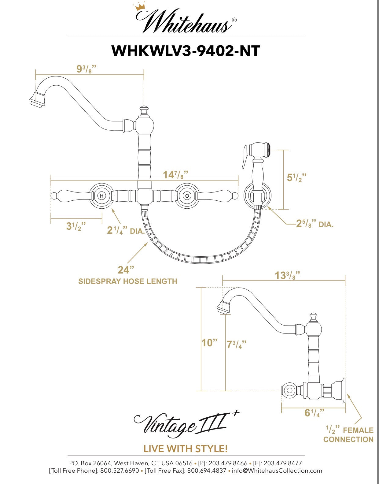 Whitehaus Polished chrome  Vintage III Plus Wall Mount Faucet with a  Long Traditional Swivel Spout W/ Solid Brass Side Spray
