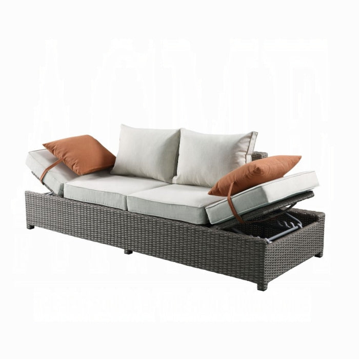 ACME Beige Fabric & Gray Wicker Salena Patio Sofa W/2 Pillows & Ottoman