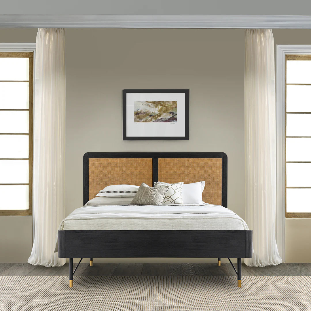 Armen Living Saratoga Platform Frame Bed in Black Acacia with Rattan Headboard