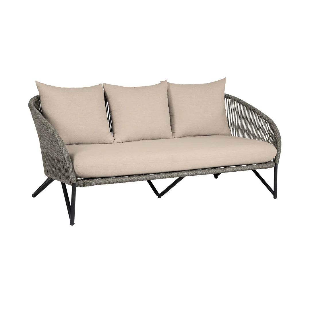 Armen Living  Benicia Outdoor Patio Sofa in Black Steel with Gray Rope and Taupe Olefin Cushions