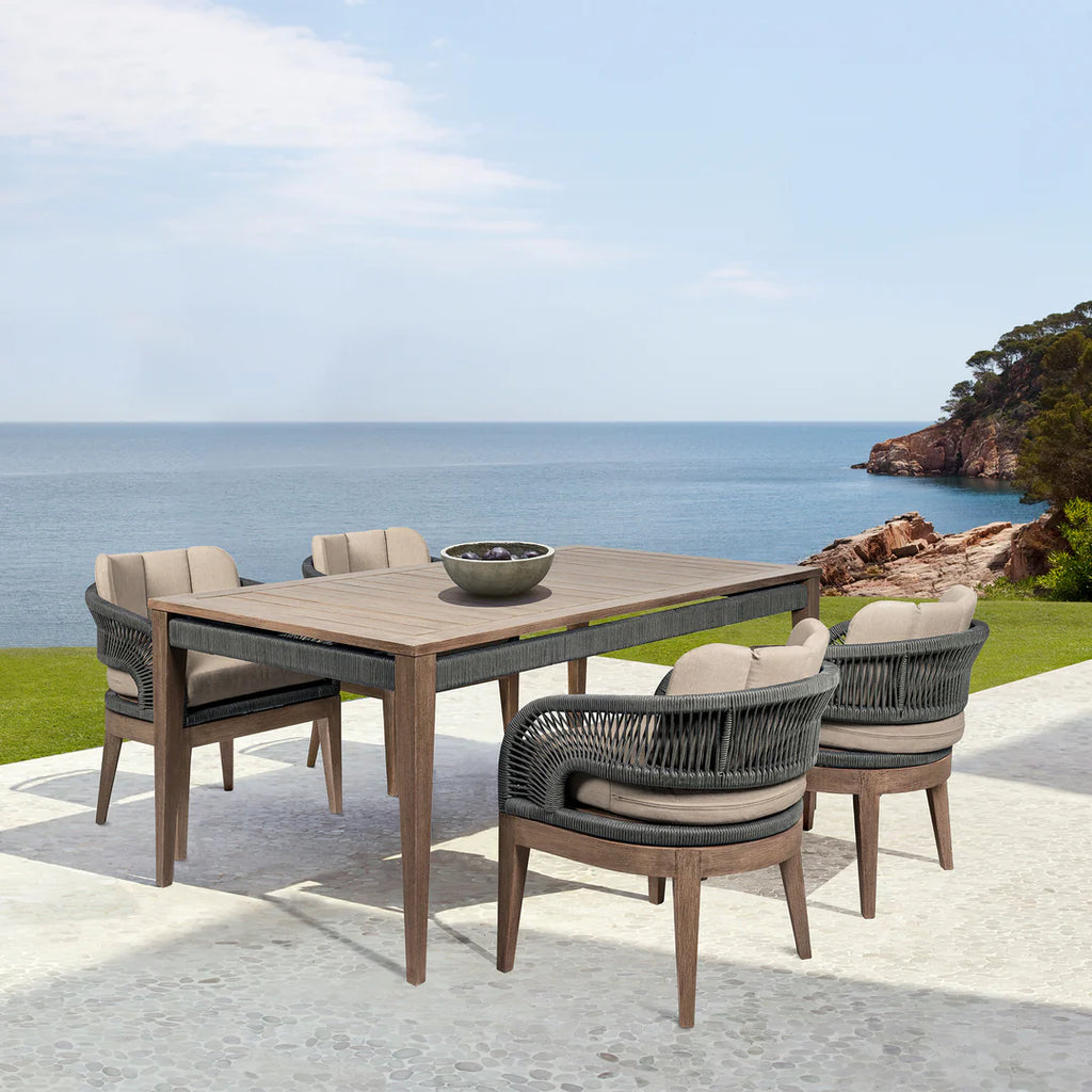 Armen Living Orbit Outdoor Patio 5 Piece Dining Set in Weathered Eucalyptus Wood with Gray Rope and Taupe Olefin Cushions