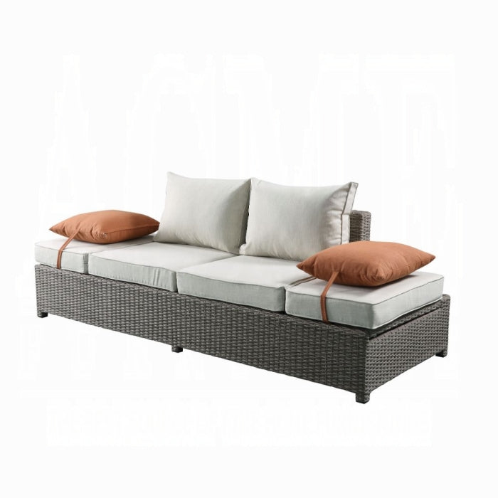 ACME Beige Fabric & Gray Wicker Salena Patio Sofa W/2 Pillows & Ottoman