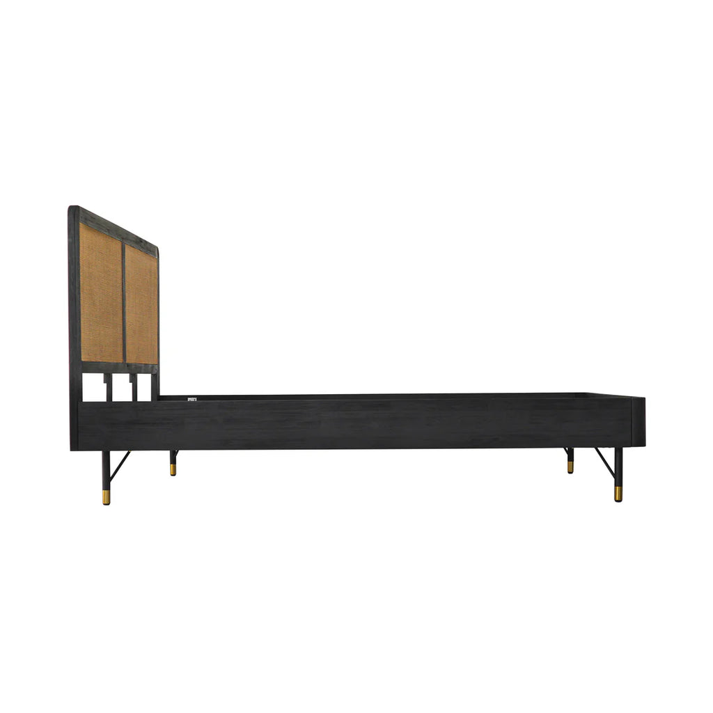 Armen Living Saratoga Platform Frame Bed in Black Acacia with Rattan Headboard