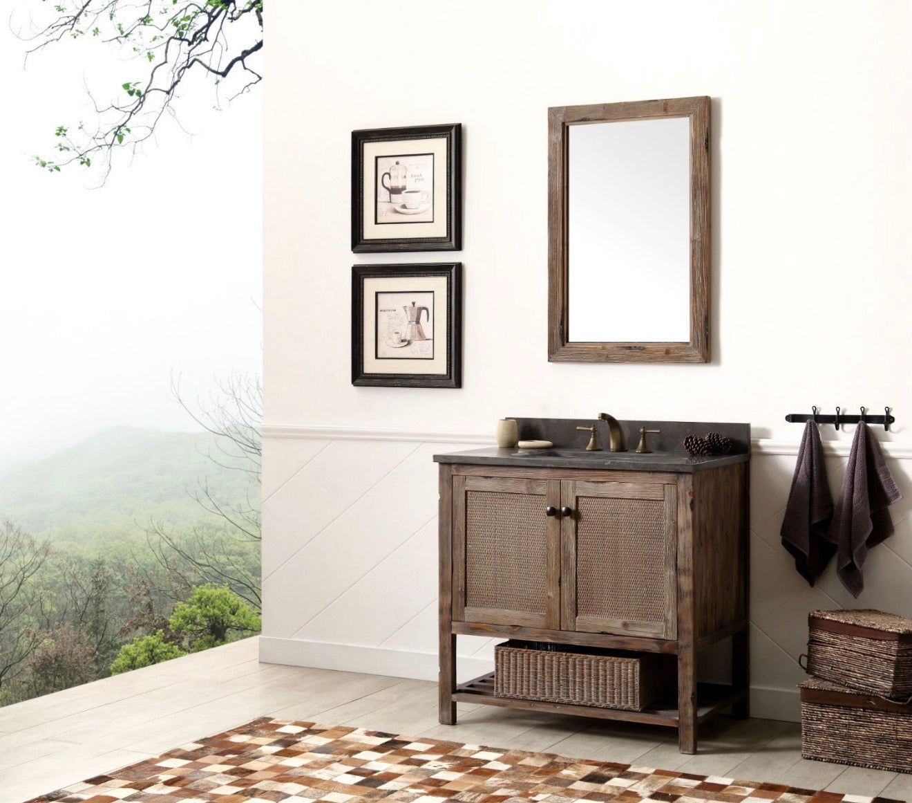 Legion Furniture Solid Wood Bathroom Vanity with Natural Moon Stone Top – Brown Rustic (36", 48", 60")