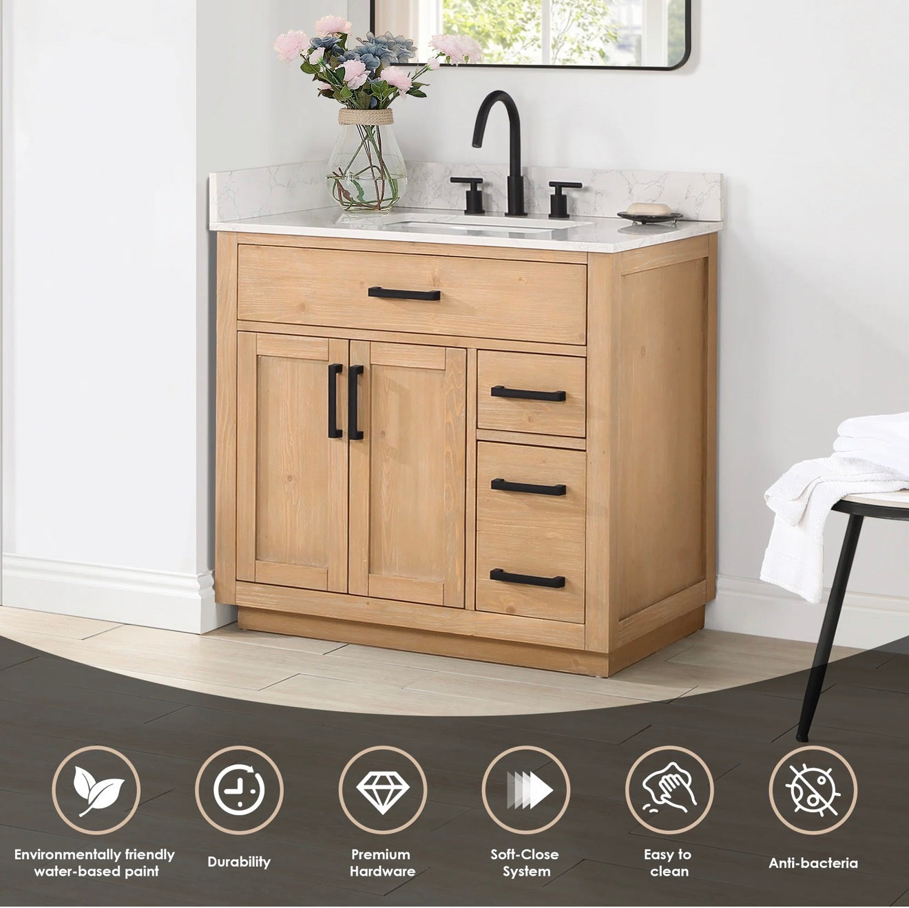 Altair  Gavino 36" Single Bathroom Vanity with Grain White Engineered Stone Countertop