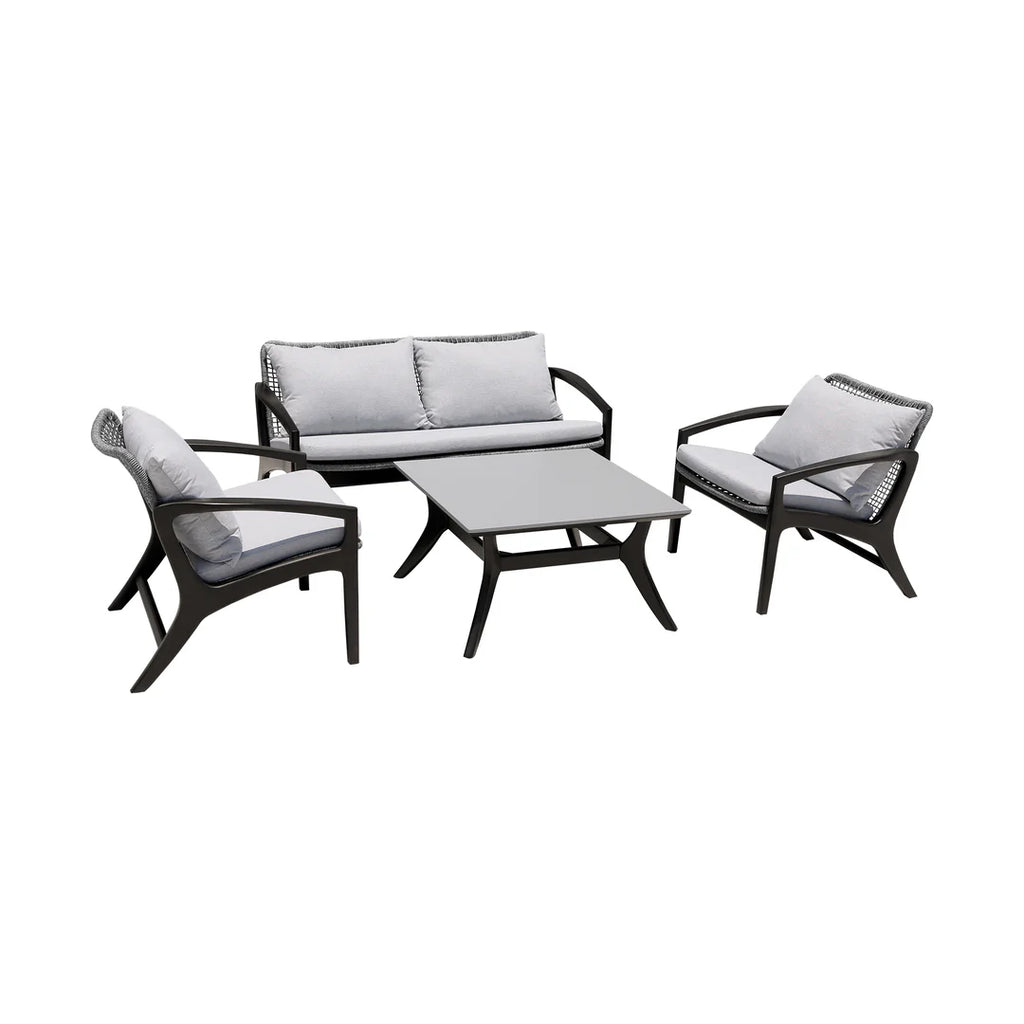 Armen Living Beckham 4 Piece Outdoor Patio Seating Set in Dark Eucalyptus Wood with Gray Rope and White Cushions
