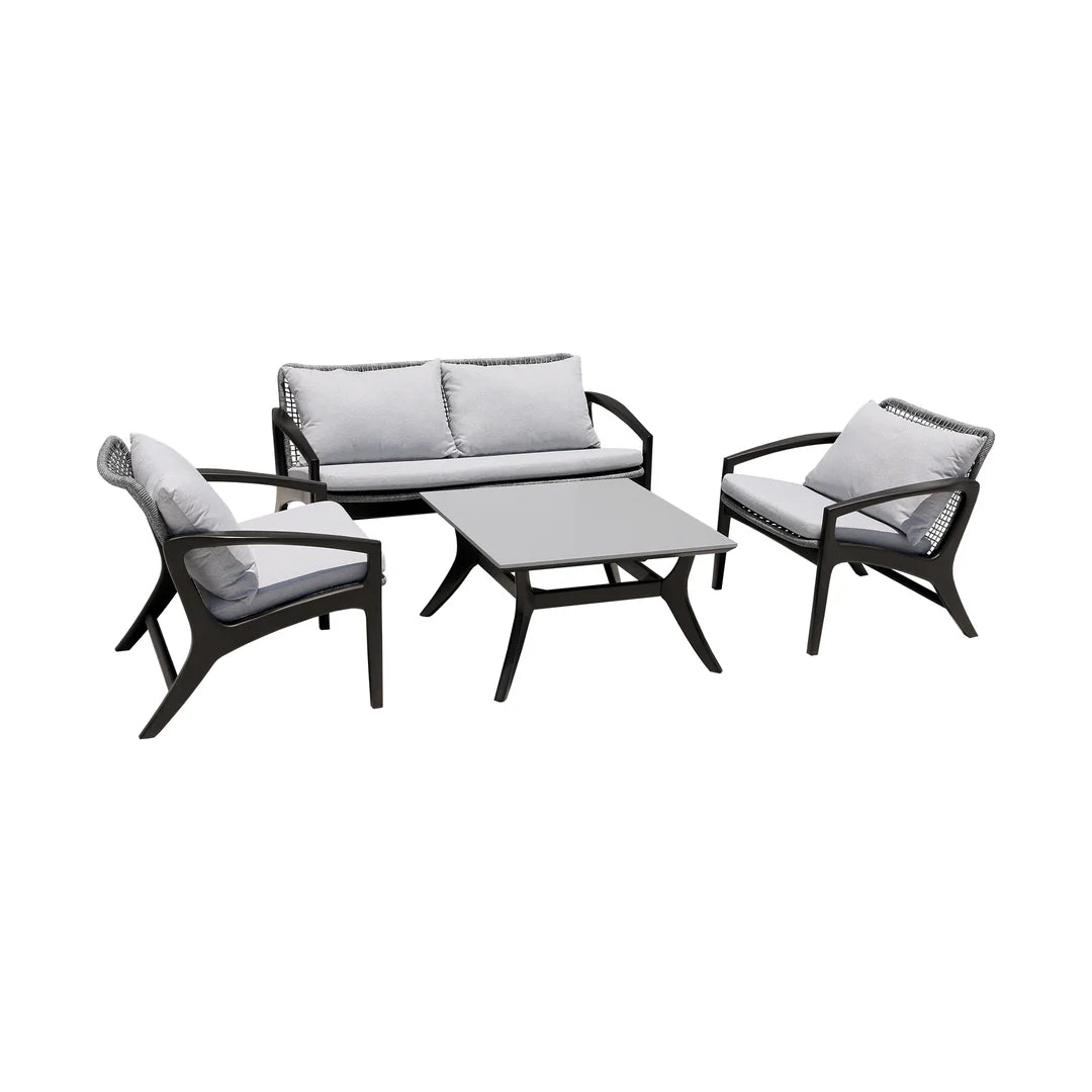 Armen Living Beckham 4 Piece Outdoor Patio Seating Set in Dark Eucalyptus Wood with Gray Rope and White Cushions